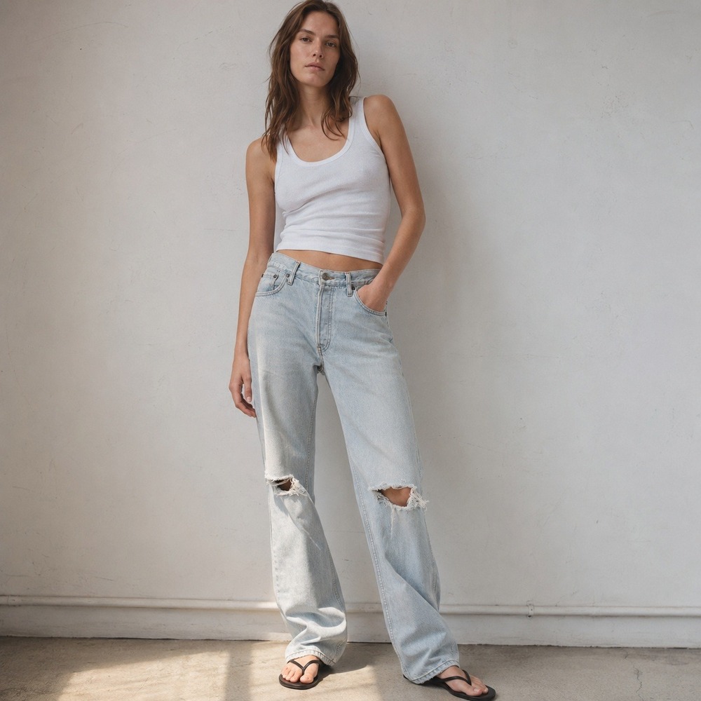 RE/DONE High Rise Straight Leg Jeans Bleach Destroy Womens 27 Distressed Knee